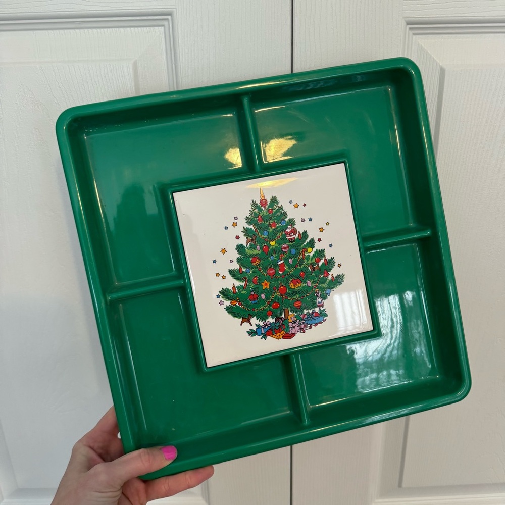 Vintage Plastic Tray With Ceramic Center Festive Green Holiday Serving Tray